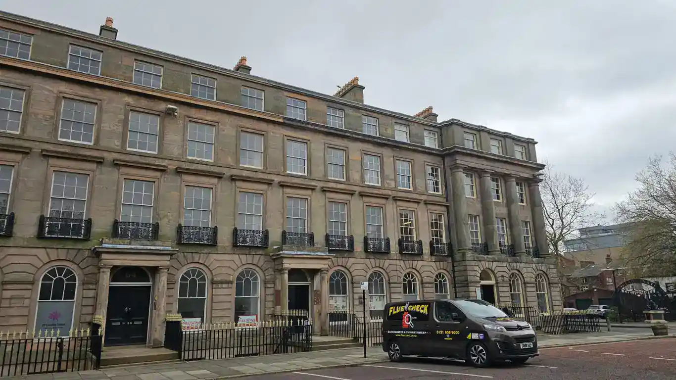 Flue Check chimney sweeping in Historic Birkenhead buildings at Hamilton Square.